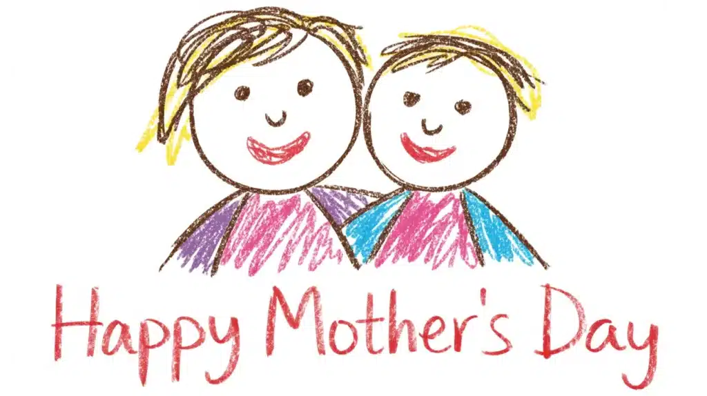 A heartwarming drawing of a mother and child smiling side-by-side, featuring simple lines and colorful hair details.