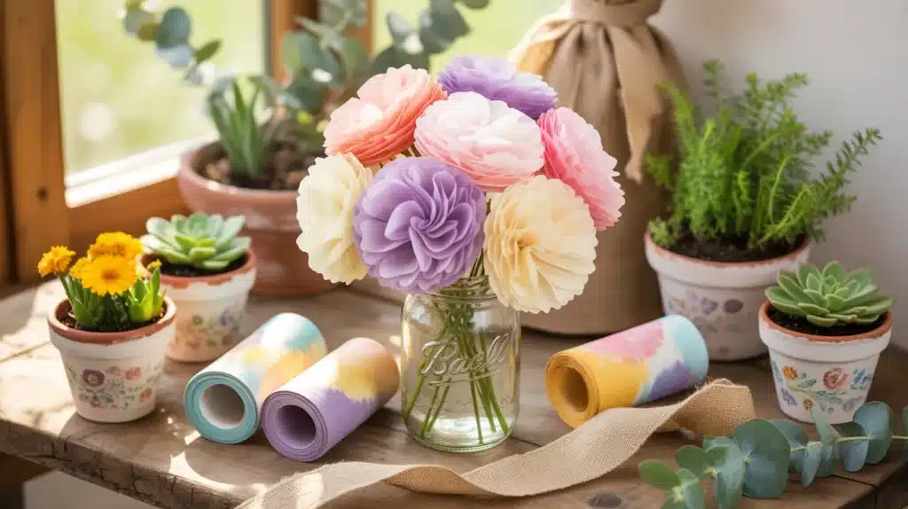 A jar with paper flowers in pastel colors surrounded by potted plants, craft paper rolls, and burlap ribbon, creating a beautiful garden-themed Mother’s Day craft.