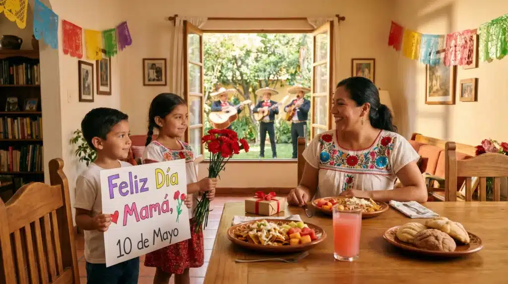 A joyful family gathering outdoors around a meal, celebrating together with flowers and laughter, showcasing Mother’s Day in Mexico.