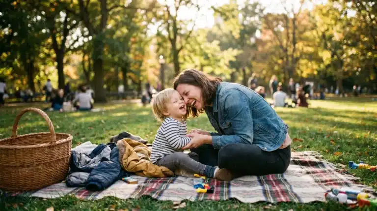 A joyful moment shared between a mother and her toddler on a blanket in the park, both smiling and laughing while playing together.