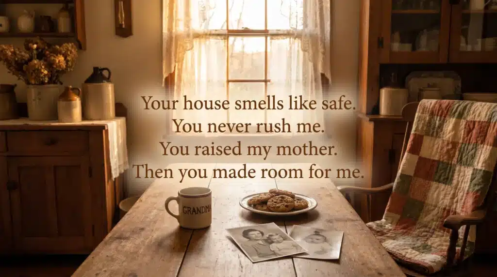 A kitchen scene with an old wooden table, a “GRANDMA” coffee mug, cookies on a plate, and vintage photographs. A quilted chair and lace curtains frame the warm atmosphere.