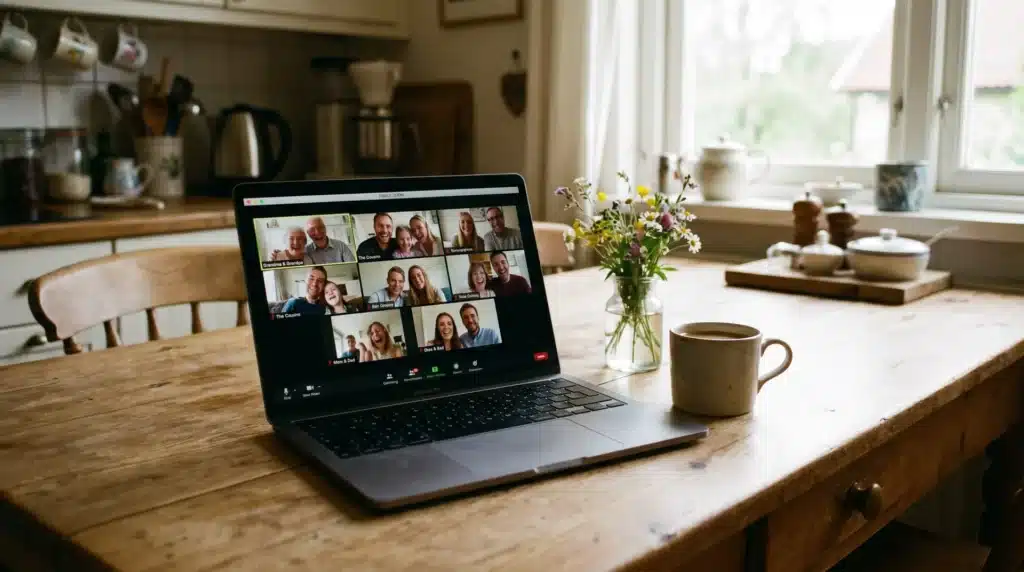 A laptop on a wooden table showing a family video call, with a coffee mug and wildflowers in the cozy kitchen setting.