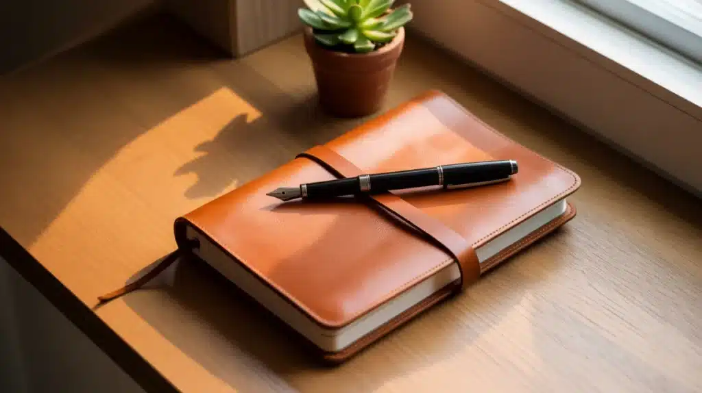 A leather journal with a fountain pen resting on a wooden desk, with soft sunlight streaming through a nearby window.