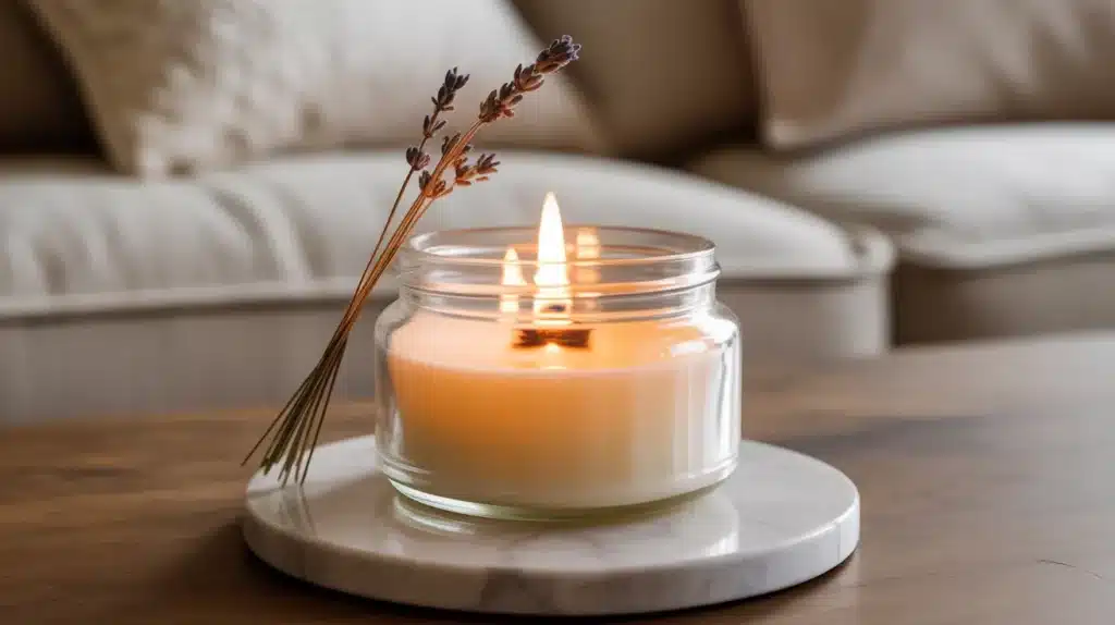 A lit scented soy candle with lavender sprigs placed on a marble coaster, set against a cozy background.