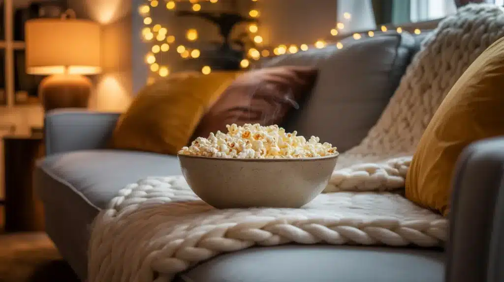 A living room scene with a bowl of freshly popped popcorn resting on a blanket, surrounded by warm lighting and decorative pillows, perfect for watching a favorite movie at home.