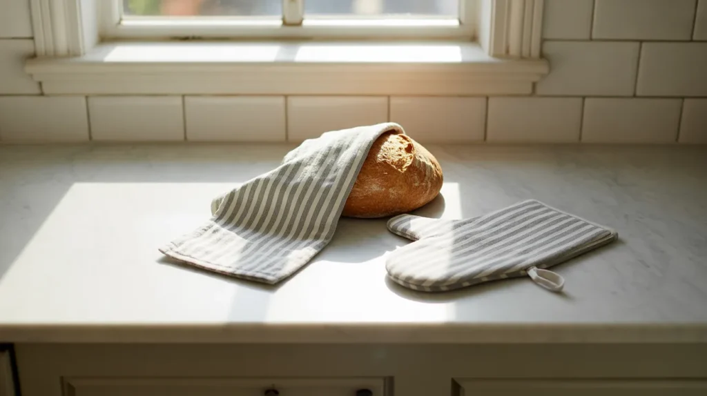 A loaf of freshly baked bread with a striped kitchen towel and oven mitt on a marble kitchen countertop, with soft sunlight streaming in from the window.