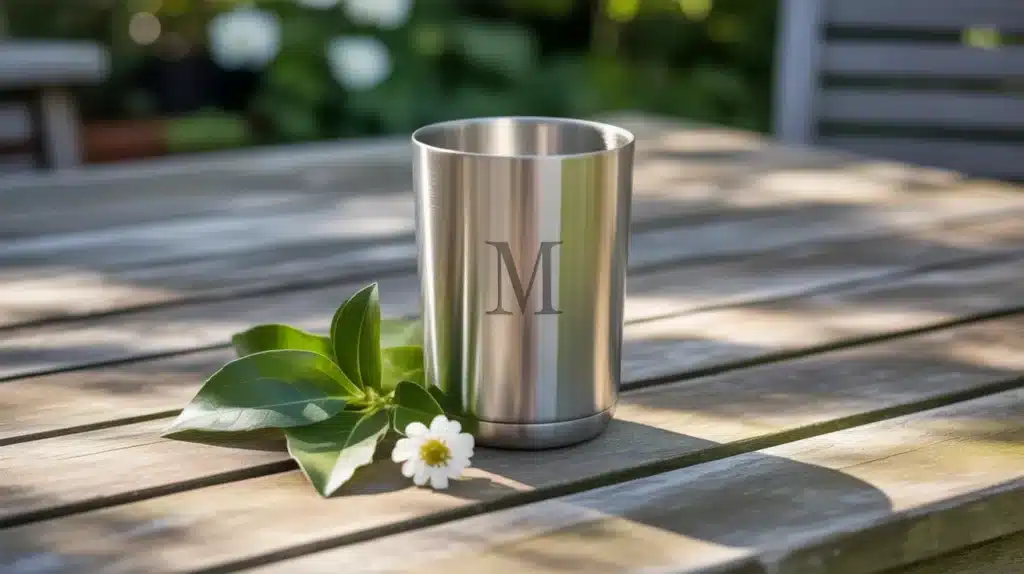 A monogrammed stainless steel tumbler placed on a wooden table, with a flower and greenery nearby.