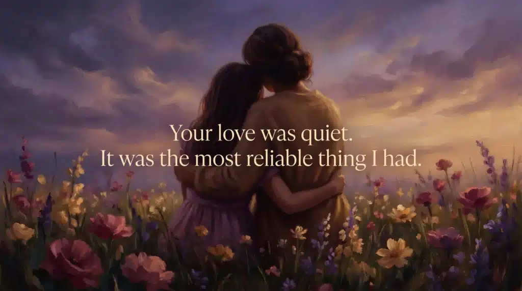 A mother and daughter embrace in a field of flowers at sunset, with the quote Your love was quiet. It was the most reliable thing I had.”