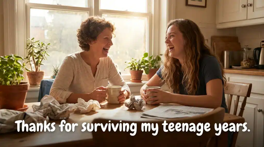 A mother and daughter laughing together with coffee cups, surrounded by plants, with the text Thanks for surviving my teenage years.