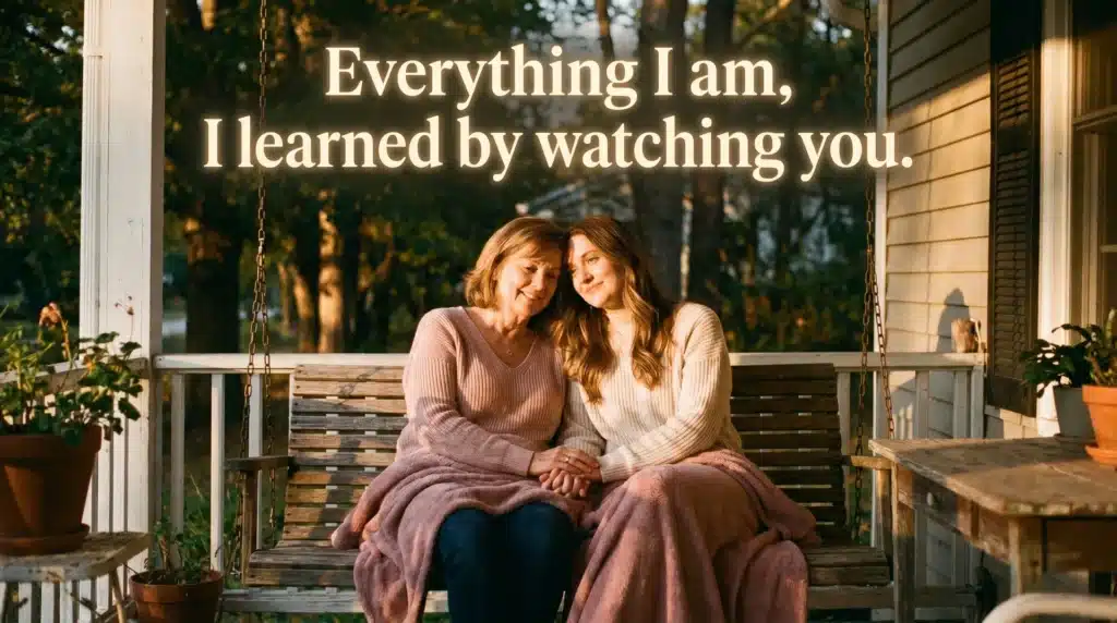 A mother and daughter sitting together on a porch swing, holding hands with warm smiles, as the quote Everything I am, I learned by watching you. is displayed above them.