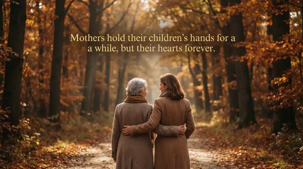 A mother and daughter walking hand in hand through a beautiful autumn forest, with the quote “Mothers hold their children’s hands for a while, but their hearts forever.”