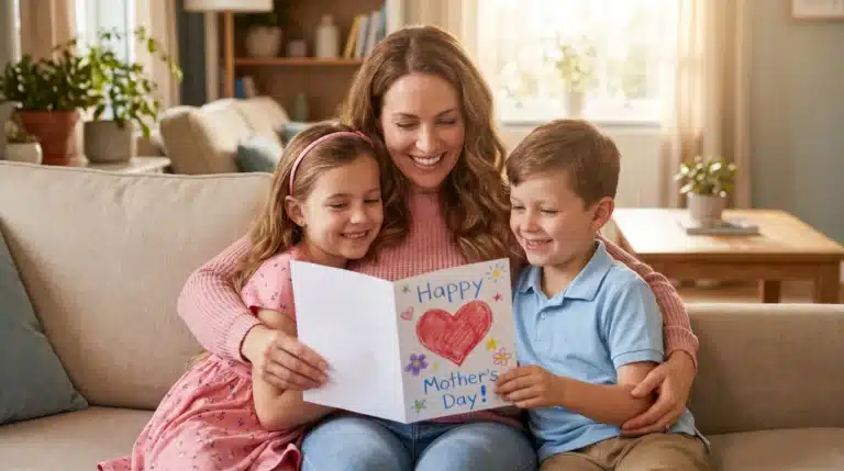 A mother and her two children smiling while reading a homemade Mother's Day card together on the couch.