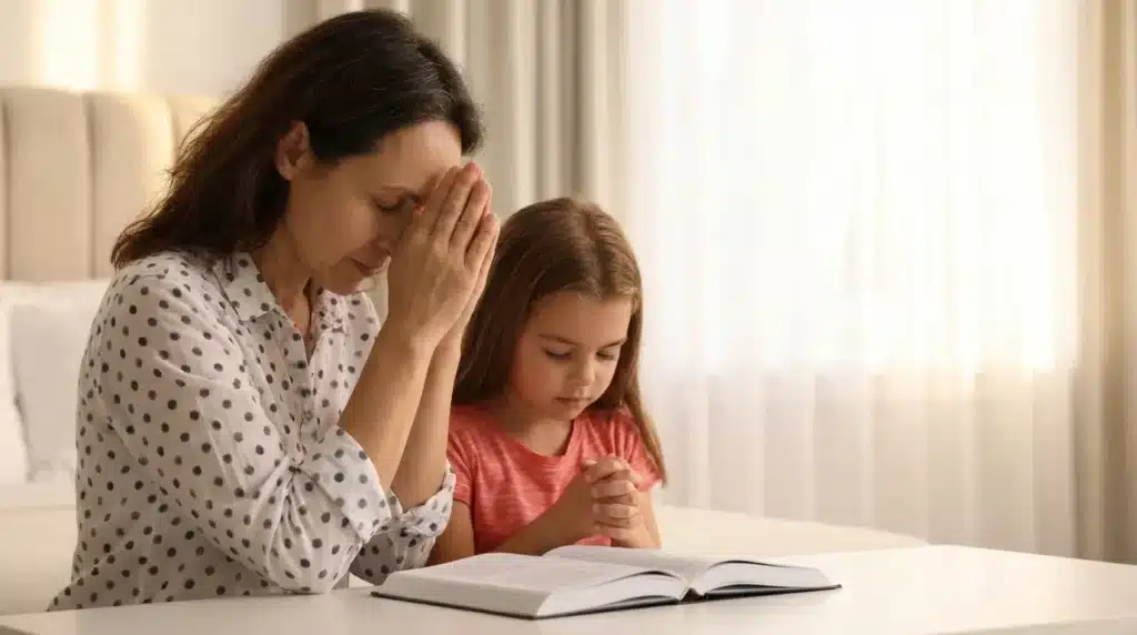 A mother and her young daughter sitting at a table with an open book, both with their eyes closed and hands clasped in prayer.