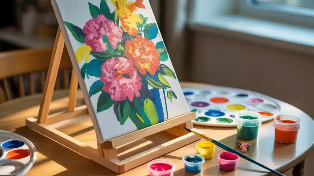 A paint-by-numbers canvas featuring vibrant flowers, along with paints and brushes scattered across a wooden table.
