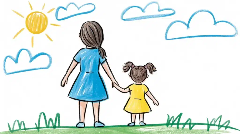 A peaceful drawing of a mother and daughter seen from behind, walking together and holding hands in a grassy field.