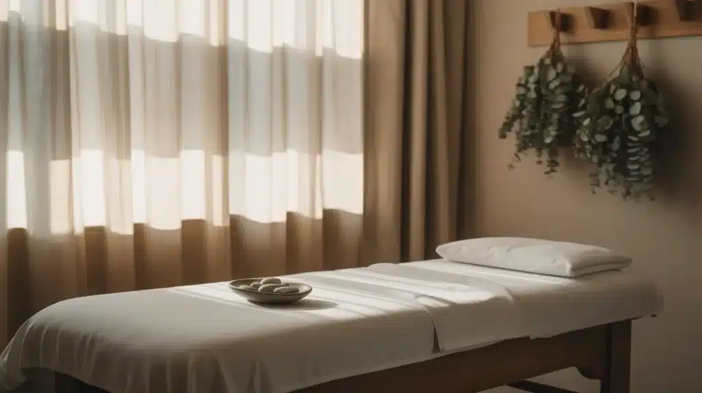 A peaceful massage room with a clean white bed, soft pillows, and eucalyptus leaves hanging on the wall, creating a calming atmosphere for a professional massage.