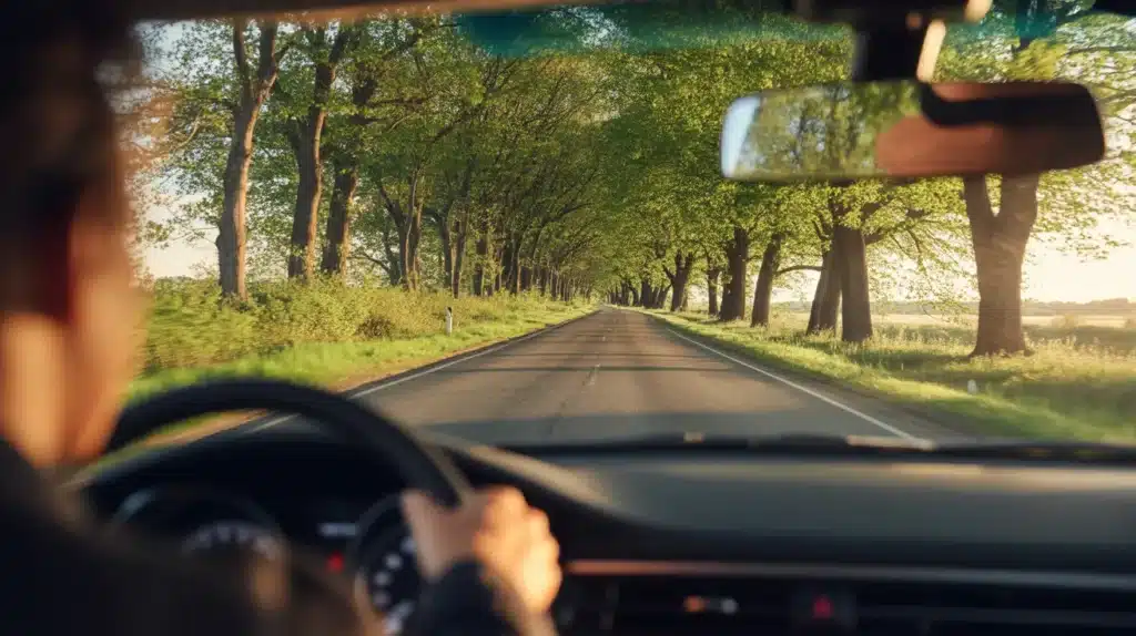 A peaceful scenic drive along a tree-lined road, captured from the perspective of the driver’s seat with lush greenery surrounding the path.