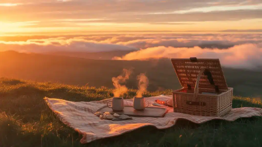 A peaceful sunset picnic setup with steaming mugs, a cozy blanket, and a picnic basket, all placed against a breathtaking view of clouds and mountains