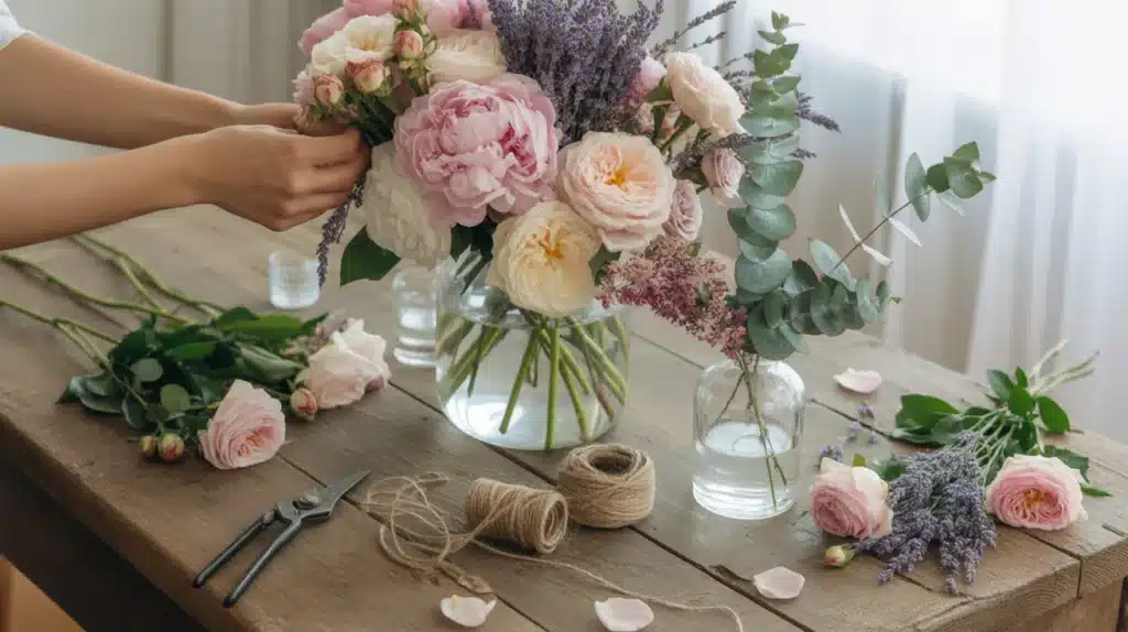 A person arranges pink flowers in a vase, surrounded by cut stems, floral scissors, twine, and a few petals, on a table with sunlight streaming in from the window.