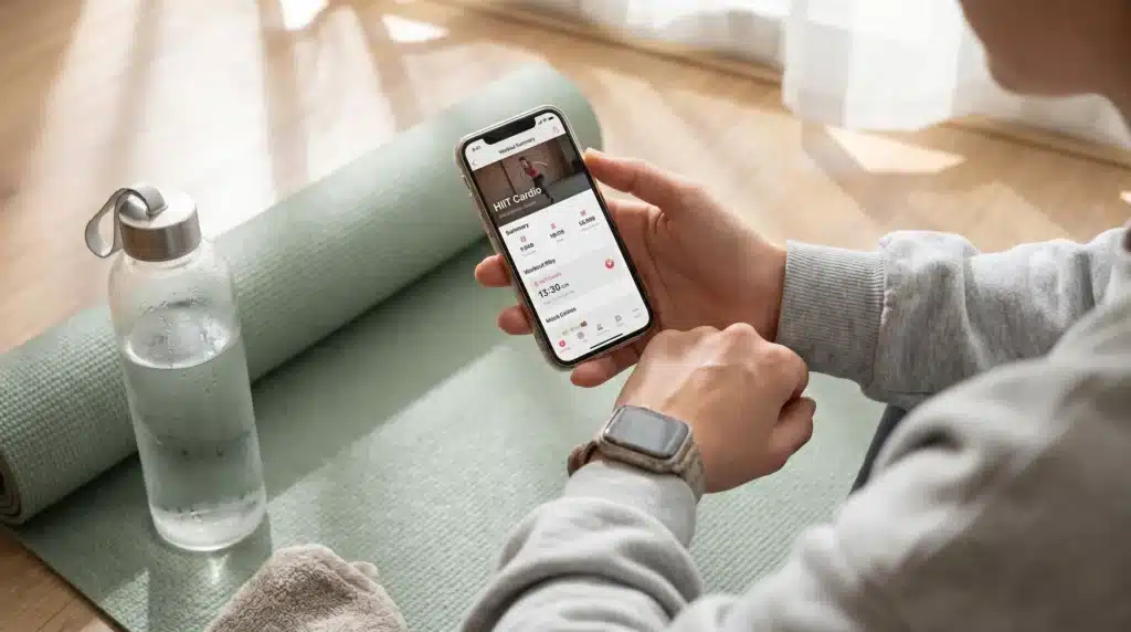 A person checking their fitness app on their phone while sitting on a yoga mat, with a water bottle and towel nearby.
