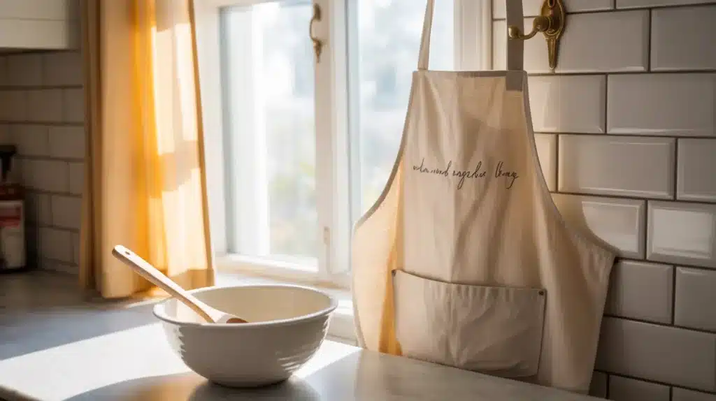 A personalized beige apron with the written words hanging on a kitchen hook, with a wooden bowl nearby.