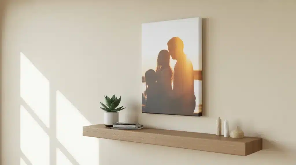 A personalized family photo canvas on a wooden shelf, featuring a silhouette of a family against a sunset, with a small potted plant, candles, and books on the shelf.