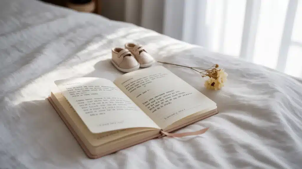 A personalized memory journal open on a bed with baby shoes and a small flower beside it, capturing a warm and sentimental moment.