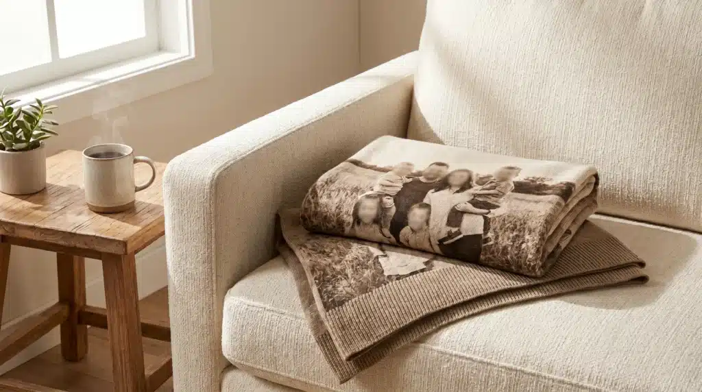 A personalized photo blanket with a faded family portrait draped over a beige armchair next to a steaming mug on a wooden table, with a small potted plant beside it.