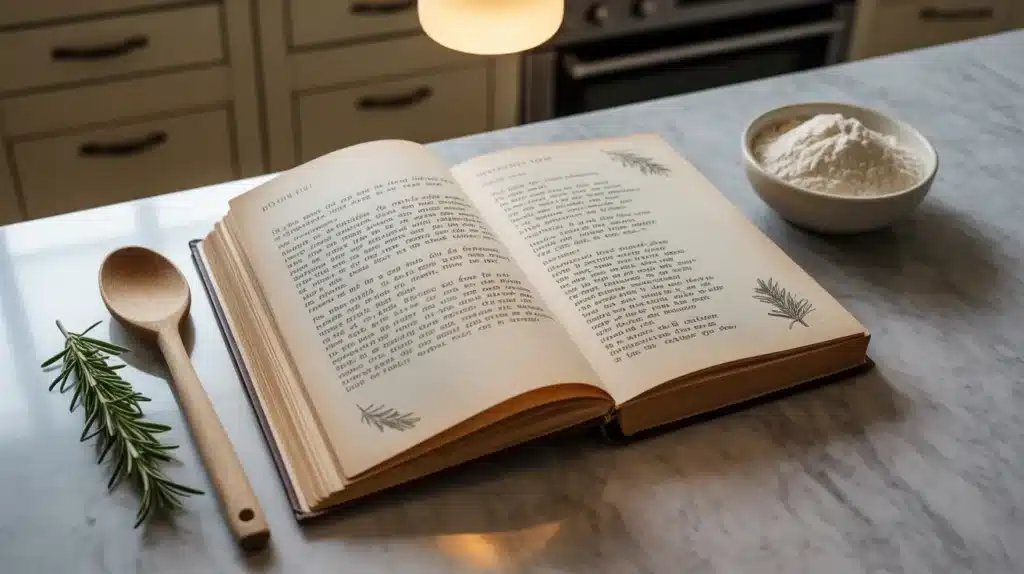 A personalized recipe book with an open page, a wooden spoon, rosemary sprigs, and a bowl of flour on a marble countertop.