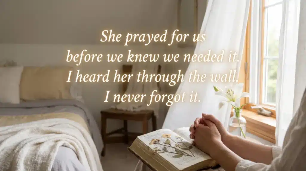 A person’s hands clasped in prayer over an open Bible with a lily nearby, framed by a window and soft lighting, with a heartfelt quote about a mother’s prayers.