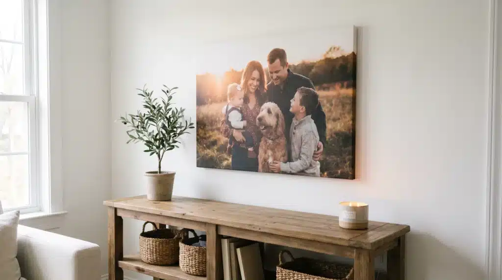 A photo canvas print of a smiling family, including two children, their dog, and parents, displayed on a wall above a wooden console table with a potted olive tree and a candle.