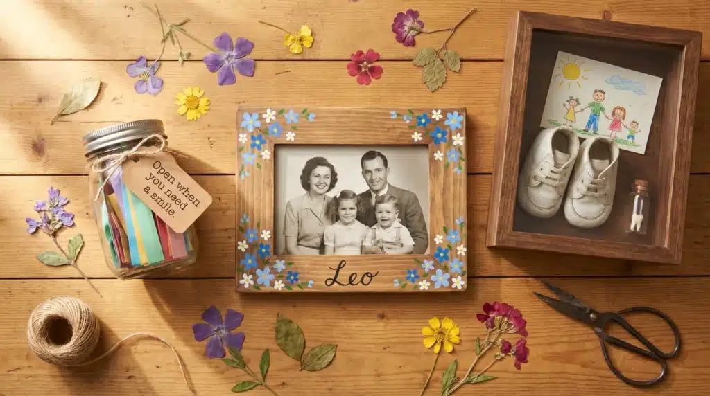 A photo frame decorated with painted flowers, a jar filled with colorful notes, a box containing small shoes, a drawing, and a tooth, arranged with pressed flowers and twine on a wooden table.