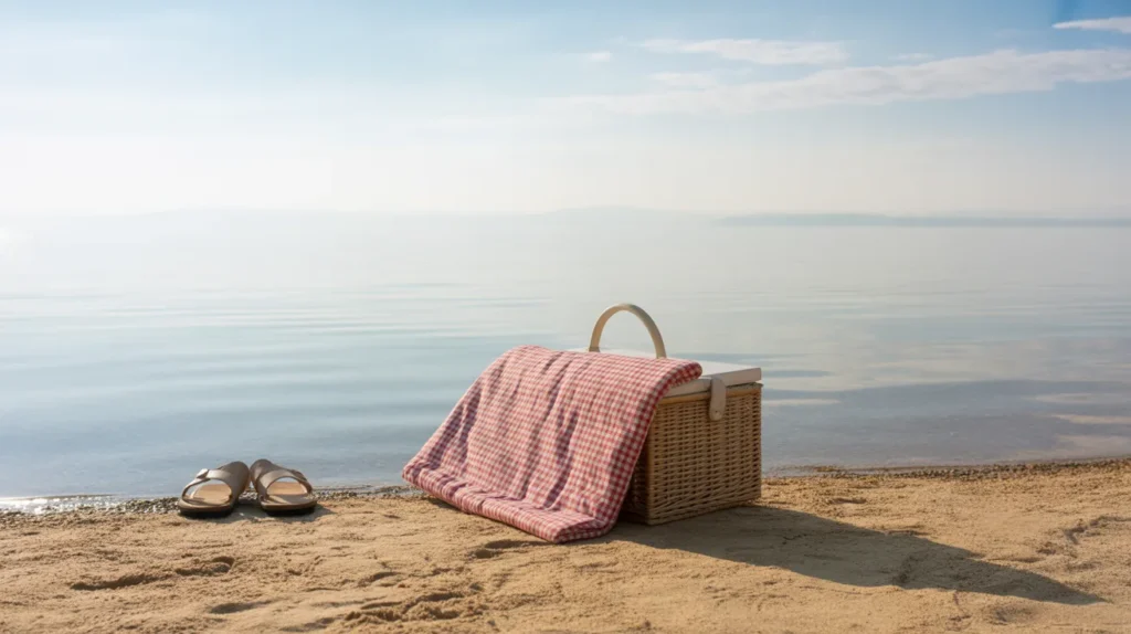 A picnic basket with a red checkered blanket draped over it, placed on the sandy shore by a calm lake, with a pair of sandals nearby.