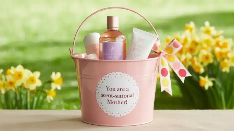 A pink bucket filled with scented gifts like perfume and lotion, tied with a colorful ribbon, placed beside blooming flowers.