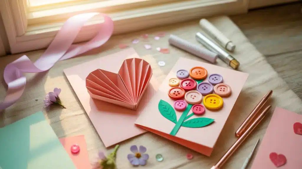 A pink origami heart, button flower card, and craft supplies like ribbons, pens, and paper, creating a heartfelt Mother’s Day craft.