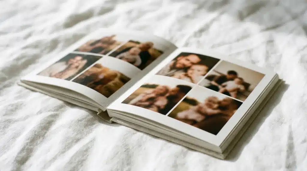 A printed photo book opened to several family photos with soft lighting and a blurred background.