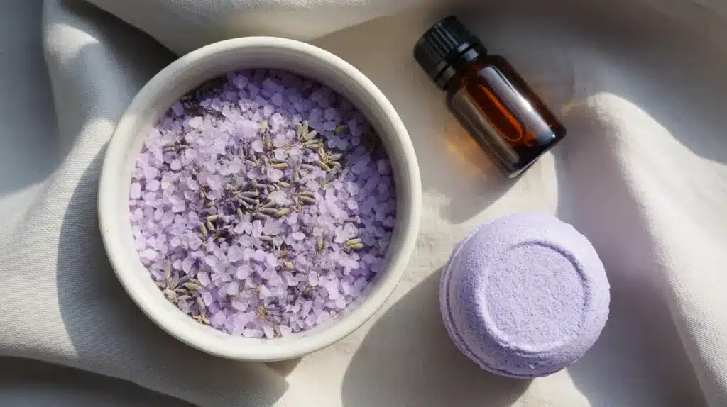 A relaxing bath soak set with lavender bath salts, an essential oil bottle, and a purple bath bomb, arranged on a soft fabric background.
