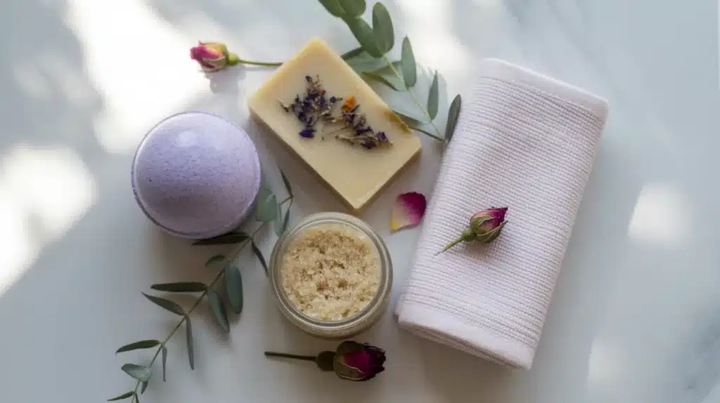 A relaxing spa gift set featuring a lavender bath bomb, soap, sugar scrub, towel, and dried rosebuds on a marble surface, creating a soothing and indulgent scene.