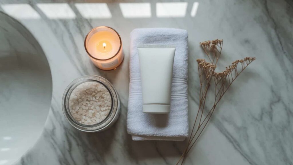 A relaxing spa setup with a white towel, scented candle, bath salts, and a skincare tube on a marble countertop, creating a calm atmosphere