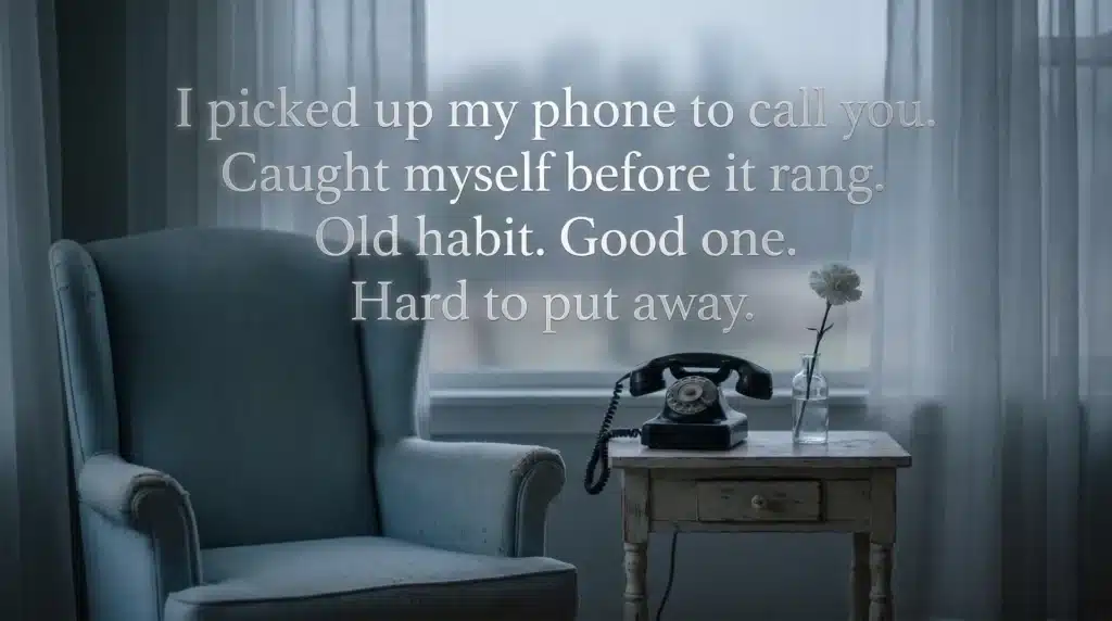 A rotary phone on a table beside a vase with a single white flower. The image has a soft, reflective atmosphere, with a quote about memories of calling a loved one.