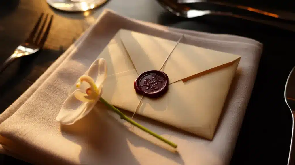A sealed envelope with a wax stamp, resting on a folded napkin with an orchid flower, placed on a table with cutlery in the background
