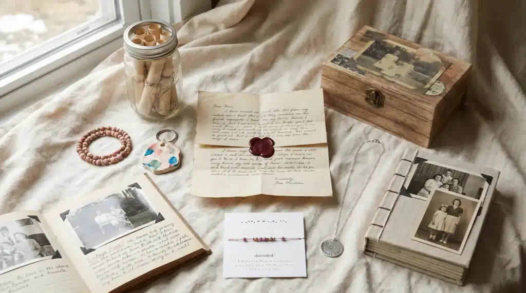 A sentimental Mother’s Day gift display including a personalized photo scrapbook, a handwritten letter, and a memory jar.