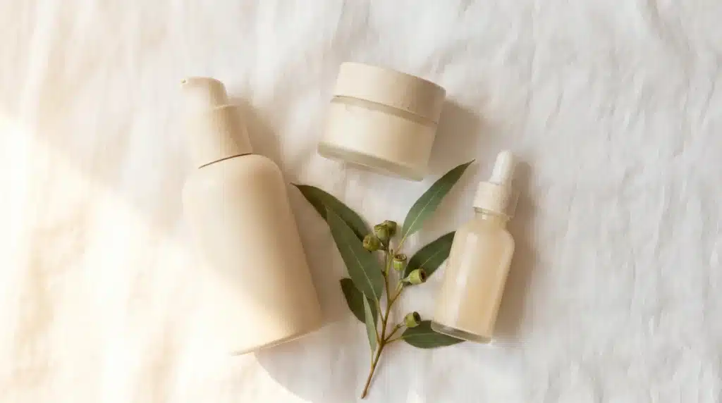 A set featuring a pump bottle, a jar, and a dropper bottle placed neatly on a soft fabric with a sprig of eucalyptus leaves beside them.