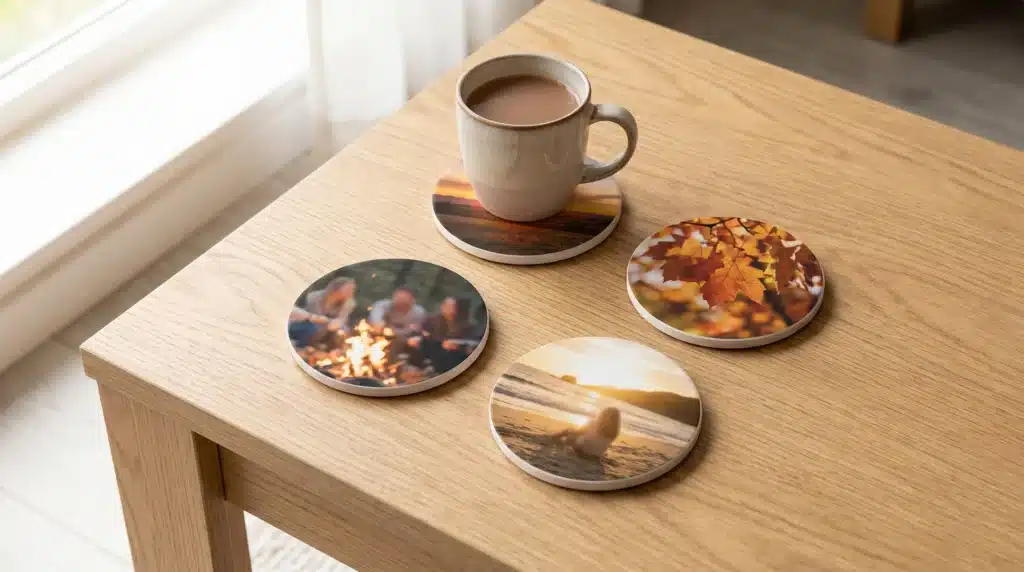 A set of custom photo coasters on a wooden table, with a cup resting on a coaster featuring a sunset image. Other coasters display images of a bonfire, fall leaves, and a beach scene.