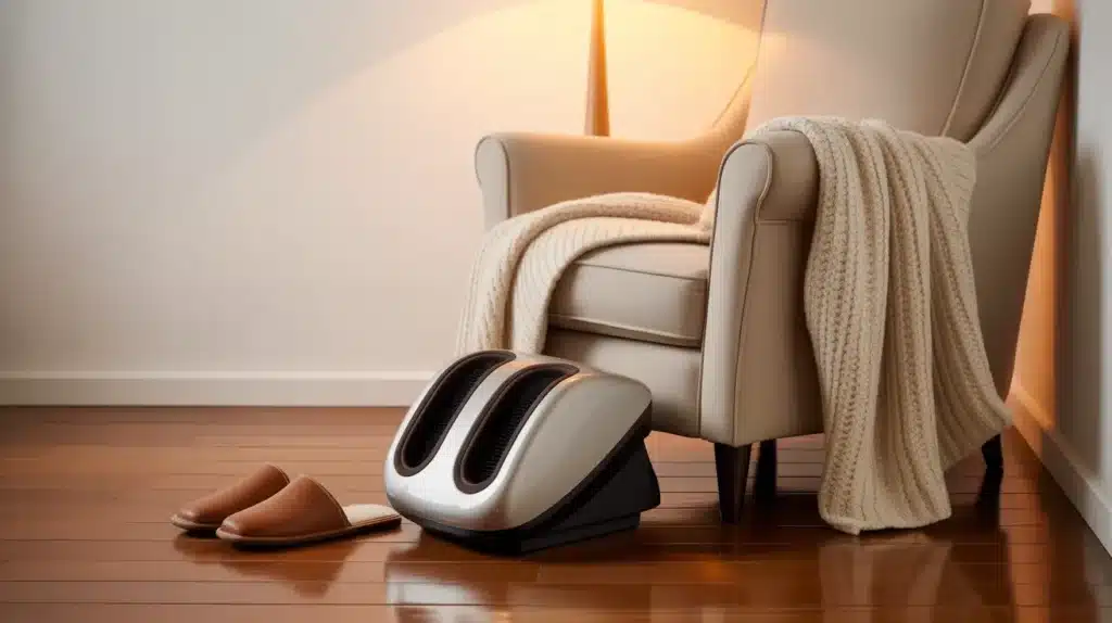 A shiatsu foot massager placed on a wooden floor beside a beige armchair, with a cozy knitted blanket draped over the chair and brown slippers next to it.