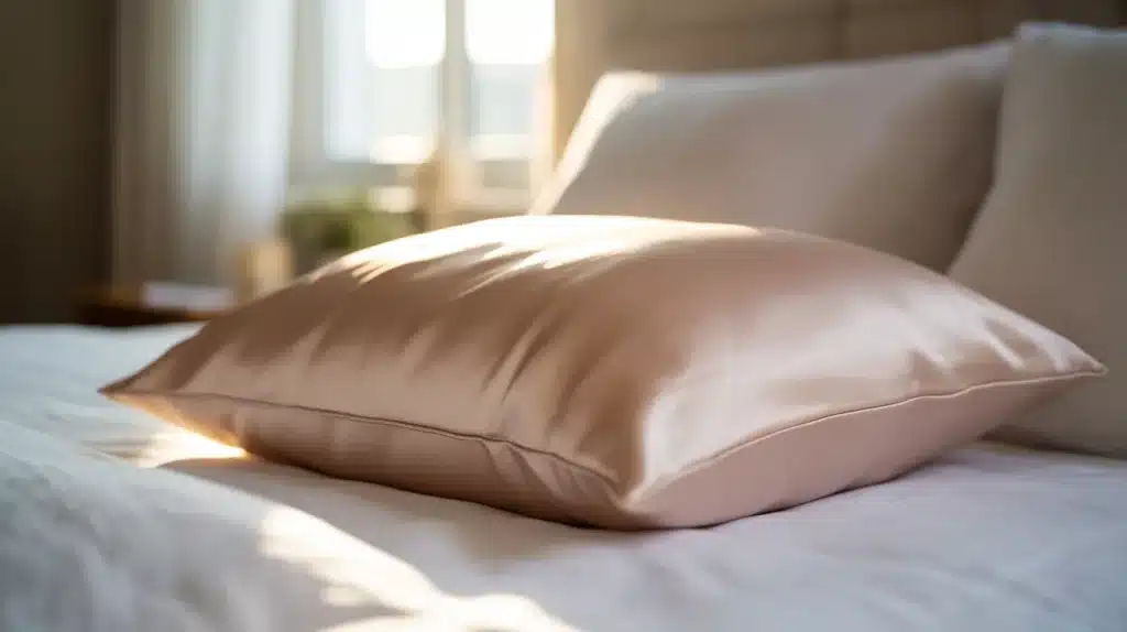A silky pink pillow resting on a white bed, bathed in soft natural light streaming through a nearby window.