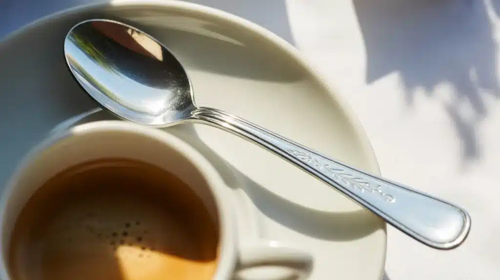 A silver spoon with an engraved design resting on a saucer beside a cup of coffee with visible crema.