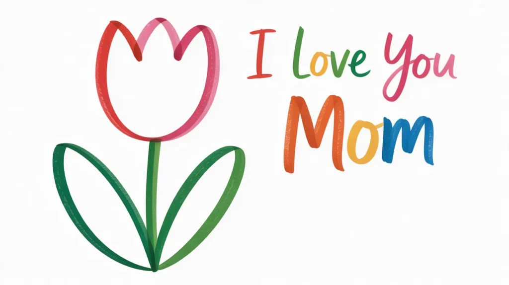 A simple drawing of a red tulip with a long green stem and leaves, accompanied by the text I Love You Mom.
