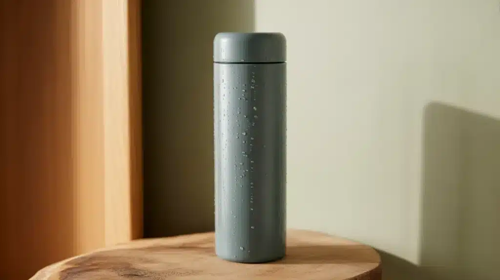 A sleek reusable insulated water bottle with water droplets on its surface, placed on a wooden surface against a soft, neutral background.