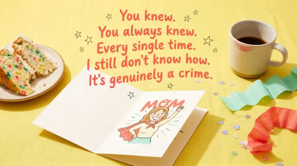 A slice of colorful birthday cake, a coffee mug with lipstick marks, and a cheerful Mother’s Day card with a superhero illustration, set on a yellow background with colorful star confetti.
